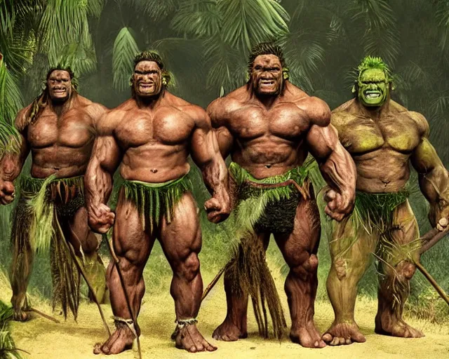 Image similar to hyper realistic group vintage photograph of an orc warrior tribe in the jungle, tall, muscular, hulk like physique, tribal paint, tribal armor, grain, old