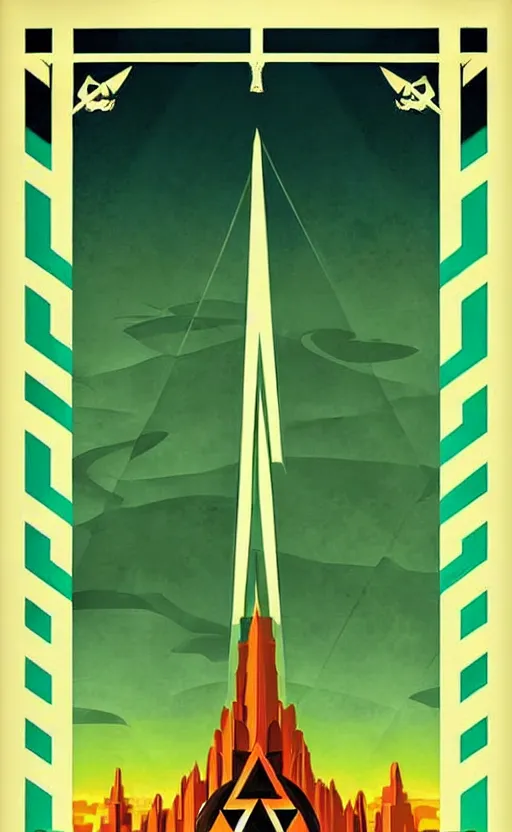 Image similar to art deco travel poster. hyrule field legend of zelda ocarina of time