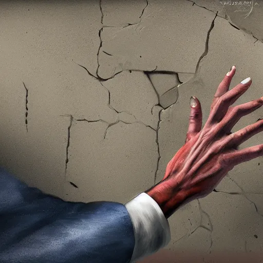 Prompt: a hand breaks a wall. money comes out of the wall. Masterpiece , ultra realistic, ultra detailed, concept art, trending on artstation