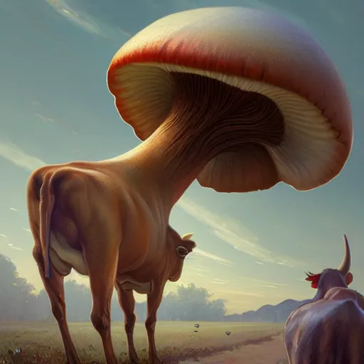 Prompt: long shot photo of a mushroom sprouting from a cow's back, highly detailed, digital painting, artstation, smooth, sharp focus, illustration, art by artgerm and greg rutkowski and alphonse mucha