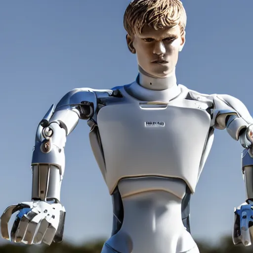 Image similar to a realistic detailed photo of a guy who is an attractive humanoid who is half robot and half humanoid, who is a male android, soccer player martin ødegaard, shiny skin, posing like a statue, blank stare, by the pool, on display, showing off his muscles, humanoid robot, frozen ice statue