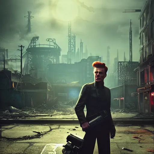 Image similar to fallout 4, charismatic david bowie, portrait, outdoors ruined cityscape, atmospheric lighting, painted, intricate, volumetric lighting, beautiful, daytime, sunny weather, slight overcast, sharp focus, deep colours, ultra detailed, by leesha hannigan, ross tran, thierry doizon, kai carpenter, ignacio fernandez rios