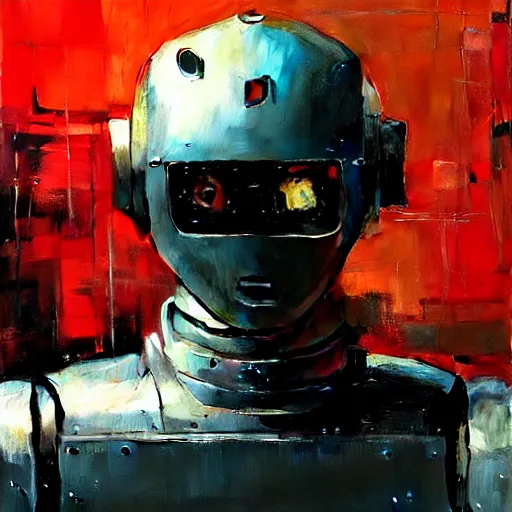 Image similar to a portrait of a robot with high tech armor, high detailed greg rutkowski painting, by adrian ghenie and gerhard richter. art by james gurney. masterpiece, deep colours.