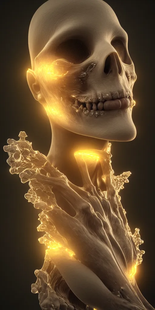 Image similar to ultra realistic render, ethernal chaos and healing bone formations and transparent glow tears, bio mechanic, abstract, caustic lights, hyper realistic, hyper detalied, octane render, 8 k