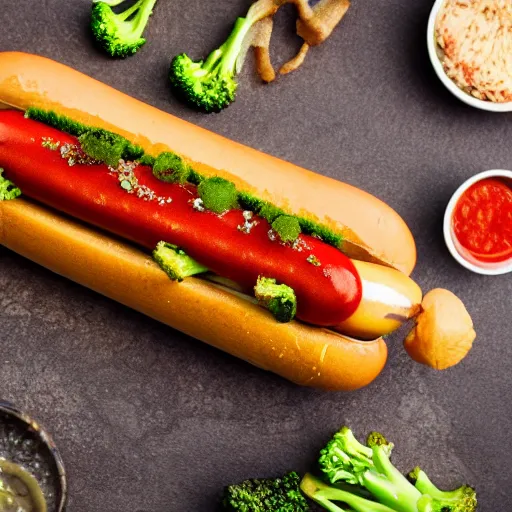 Prompt: photo shoot portrait of a delicious hot dog with broccoli and sardines, mustard, ketchup, detailed, uhd, 8k,