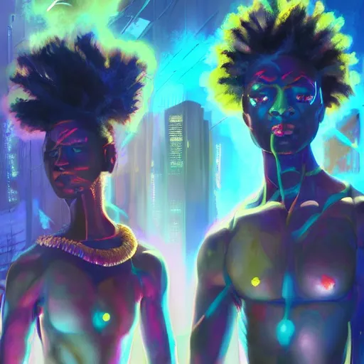 Image similar to afro - cyberpunk deities and their creations, gods and men manifesting dreams with ancestral magic in a modern world | hyperrealistic oil painting | by makoto shinkai, ilya kuvshinov, lois van baarle, rossdraws, basquiat | afrofuturism, in the style of surrealism, trending on artstation | dark color scheme