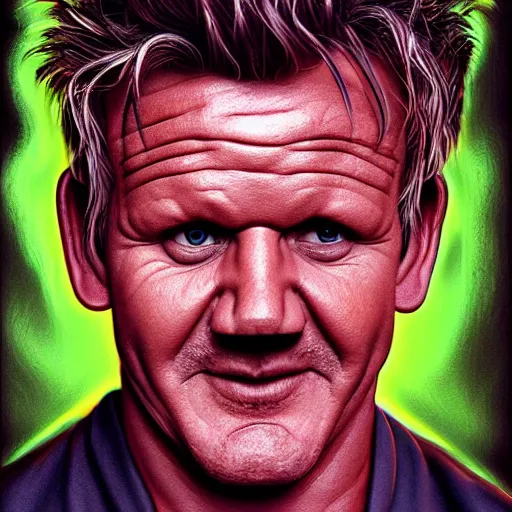 Prompt: photorealistic gordon ramsay with devil horns in the style of michael whelan. hyperdetailed photorealism, 1 0 8 megapixels, amazing depth, high resolution, 3 d shading, 3 d finalrender, 3 d cinematic lighting, glowing rich colors, psychedelic overtones, artstation concept art.