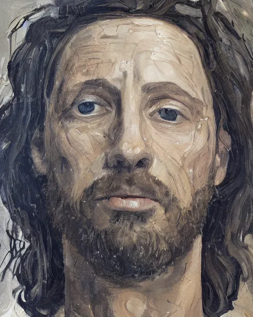 Prompt: a close up portrait of jesus, low angle, facing front, looking up, by Lucian Freud and Jenny Saville, oil painting, anatomically correct, beautiful perfect face, visible brushstrokes, sharp focus, Highly Detailed, Cinematic Lighting, 8k, HD