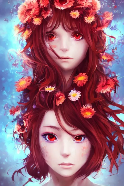 Prompt: face portrait of a beautiful anime girl with red wavy hair and flowers around her face, perfect face details, symmetry, digital painting, trending on artstation and deviantart, epic composition, vibrant, dynamic, highly detailed, ross draws, wlop, 8 k
