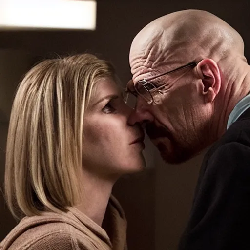 Prompt: Walter White kissing Kim wexler passionately