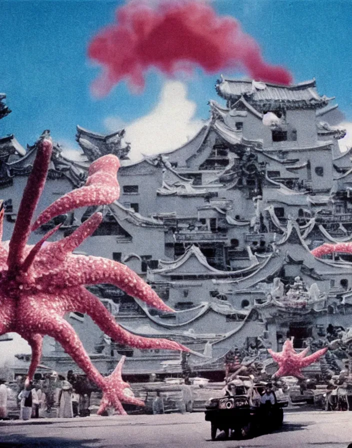 Image similar to a filmstill of a north korean monster movie, kaiju - eiga monster starfish - like trampling a traditional korean palace, kodachrome, film noir, dream - like, etheral, explosions, thriller, by akira kurosawa and wes anderson video compression