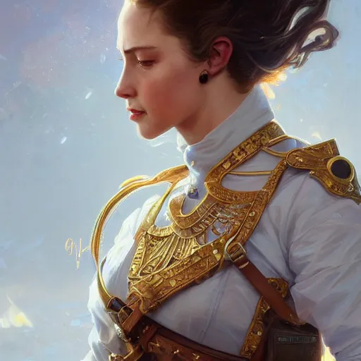 Image similar to portrait of female navy captain, D&D, fantasy, intricate, elegant, highly detailed, digital painting, artstation, concept art, smooth, sharp focus, illustration, art by artgerm and greg rutkowski and alphonse mucha