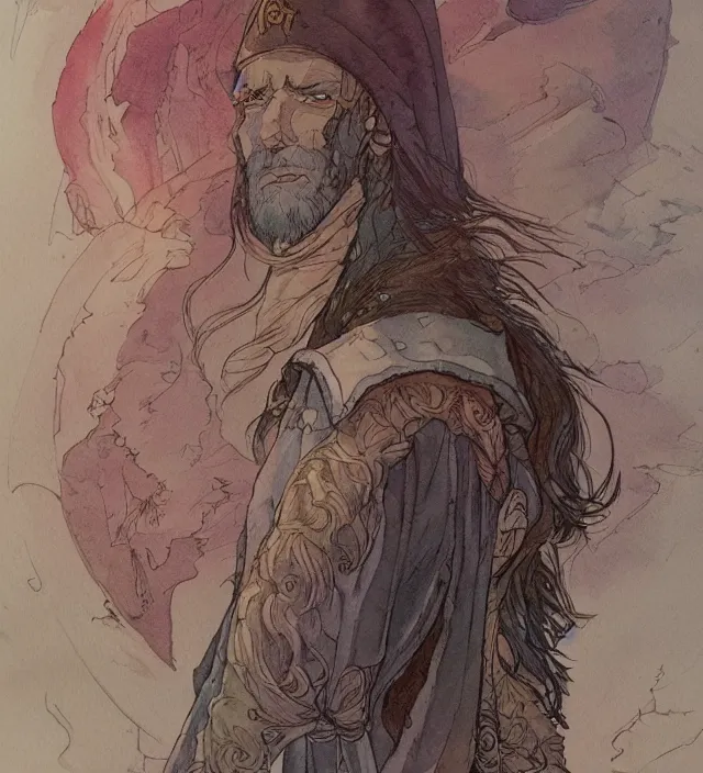 Prompt: a 3 / 4 view watercolor ink painting of an elf cleric / wizard wandering a ringworld bringing miracles in the style of jean giraud in the style of moebius trending on artstation deviantart pinterest detailed realistic hd 8 k high resolution