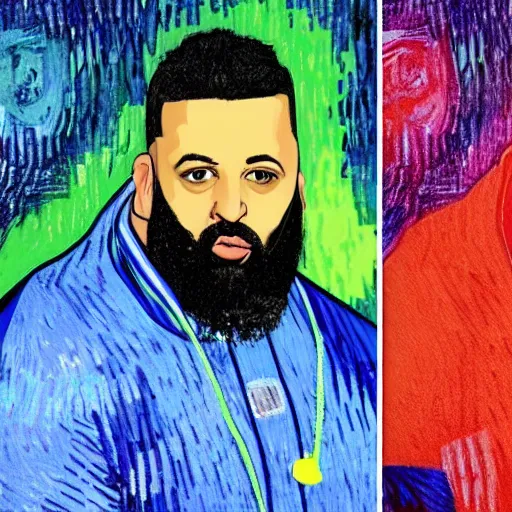 Prompt: ultra realistic portrait of dj khaled in a studio, ultra detailed, under blue, red and yellow cinematic lighting, by van gogh, cartoon