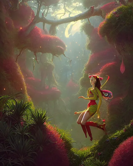 Image similar to highly detailed surreal vfx portrait of a happy elves in a fairytale world, stephen bliss, unreal engine, greg rutkowski, loish, rhads, beeple, makoto shinkai and lois van baarle, ilya kuvshinov, rossdraws, tom bagshaw, alphonse mucha, global illumination, detailed and intricate environment