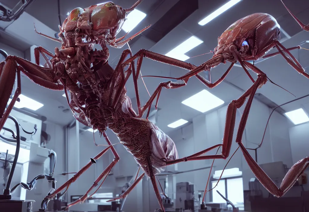 Prompt: a highly detailed mantis - like creature inside! a bioreactor in a biotech lab, from love death and robots ( 2 0 1 9 ). coherent portrait, intricate, elegant, suspense environment, digital photo, trending on artstation, hdr photo, smooth, sharp focus