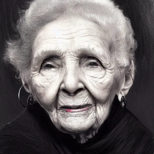 Prompt: A photo of a portrait of a 95 year old lady, black background , trending on Art Station, high detailed, photorealistic