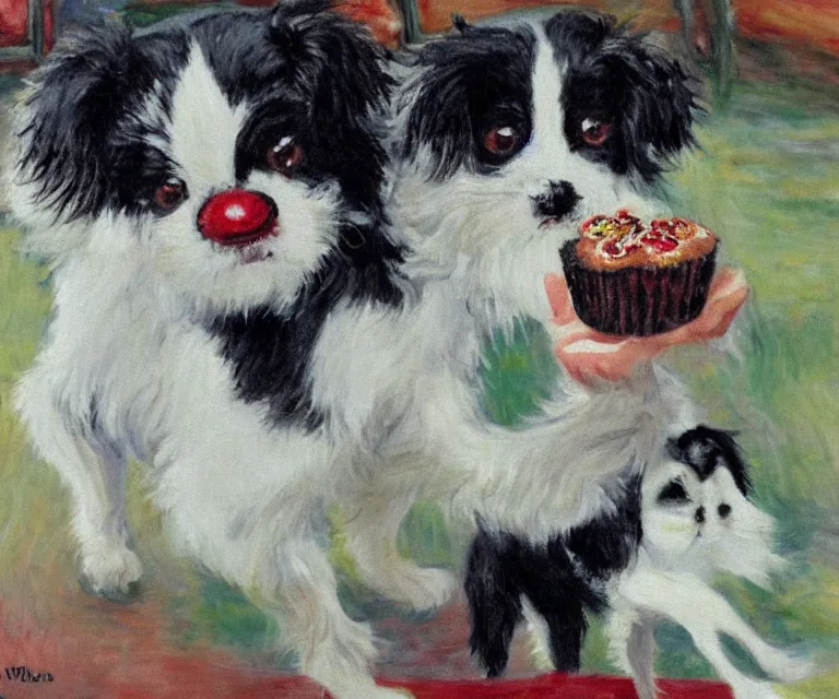 Prompt: white and black japanese chin dog eating cherry muffins, water painting, monet