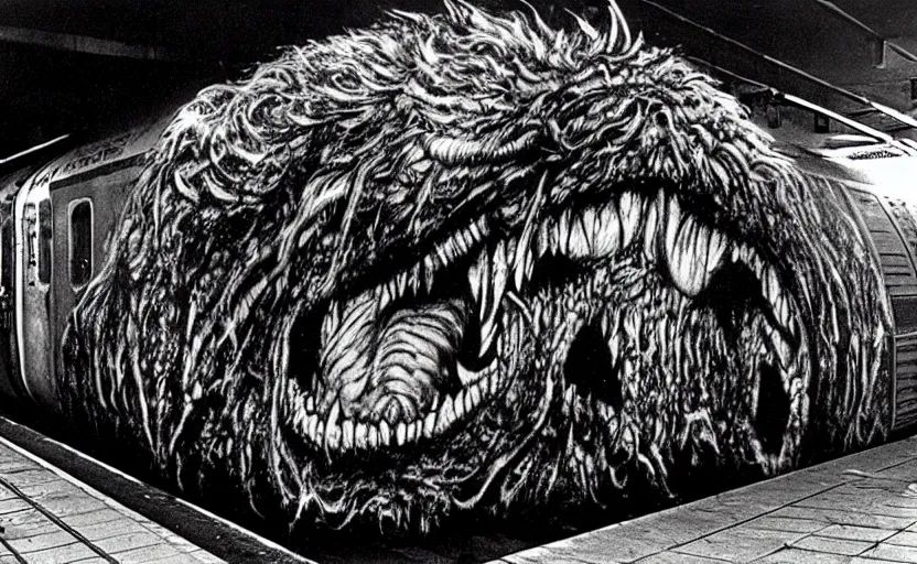 Image similar to very large giant mutant zombie irradiated ( angry rat ) staying on railways in tonnel of moscow subway. tonnel, railways, giant angry rat, furr, fangs, claws, very realistic. extreme long shot, herman nitsch and herman nitsch, giger.