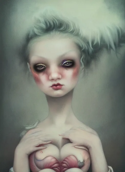 Image similar to pop surrealism, lowbrow art, realistic cute seductive girl painting, japanese street fashion, hyper realism, muted colours, rococo, natalie shau, loreta lux, tom bagshaw, mark ryden, trevor brown style,