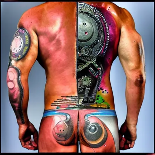 Prompt: shoulder backside bottom glute maximus with tattoo of a 3 d hole in the skin with a shiny multicolored metallic robotic mechanics and gears and tubes inside under the skin, insanely integrate,