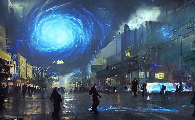 Prompt: people with posters attacking cops, a huge blue spiral - shaped white luminous attractor is floating on the horizon near the sun, stores in los angeles with light screens all over the street, concept art, art for the game, professional lighting, dark night lighting from streetlights, by ilya repin