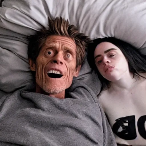 Prompt: willem dafoe lying in a bed with billie eilish