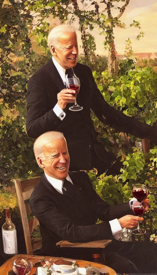 Prompt: still life painting of Joe Biden drinking wine in a garden by Peder Krøyer, golden hour, dramatic lighting, intricate detail, canvas print