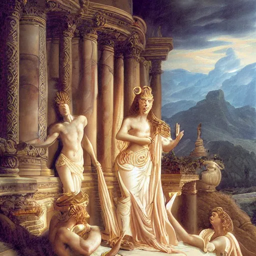 Prompt: Homeric mesmerizing inner sanctum of the most alluring venerable and beautiful truth, in the style of Jeff Easley, Antonio Canova, Ken Kelly, Élisabeth Vigée Le Brun, dramatic lighting, establishing shot, detailed and clear beautiful aesthetic beautiful realistic faces, 8k resolution – W 1024