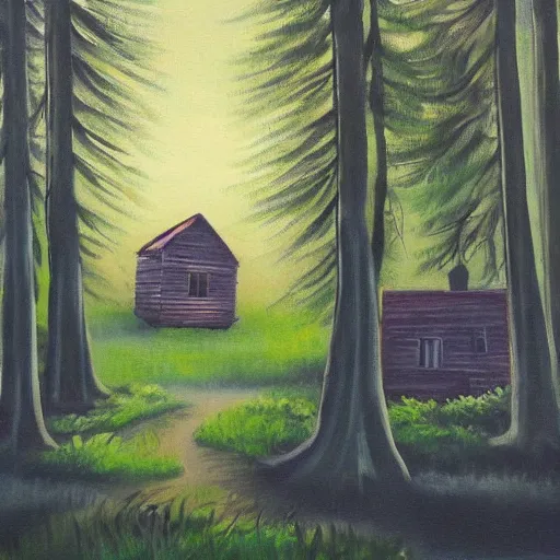 Prompt: a painting of a eerie cabin in the middle of the woods in the style of alison geissler