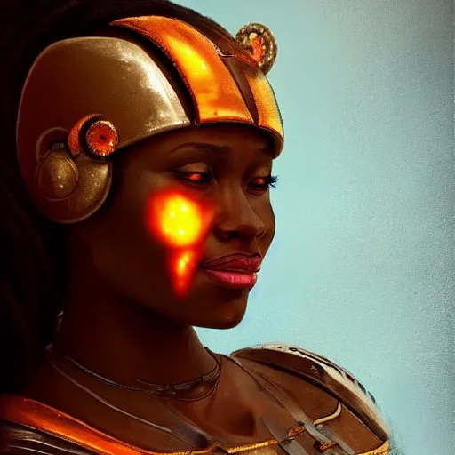 Prompt: beautiful portrait of an african american woman with an orange glow on her face medieval metallic knight armor, artstation, cgsociety, masterpiece, dark fantasy-n 9