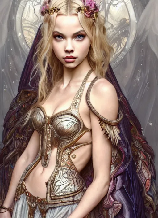 Image similar to ultra realistic illustration, a stunningly beautiful greek gothic goddess of chaos played by jordyn jones and dove cameron and margot robbie and taylor swift and megan fox, adriana lima, intricate, elegant, highly detailed, digital painting, artstation, concept art, smooth, sharp focus, illustration, art by artgerm and greg rutkowski and alphonse mucha