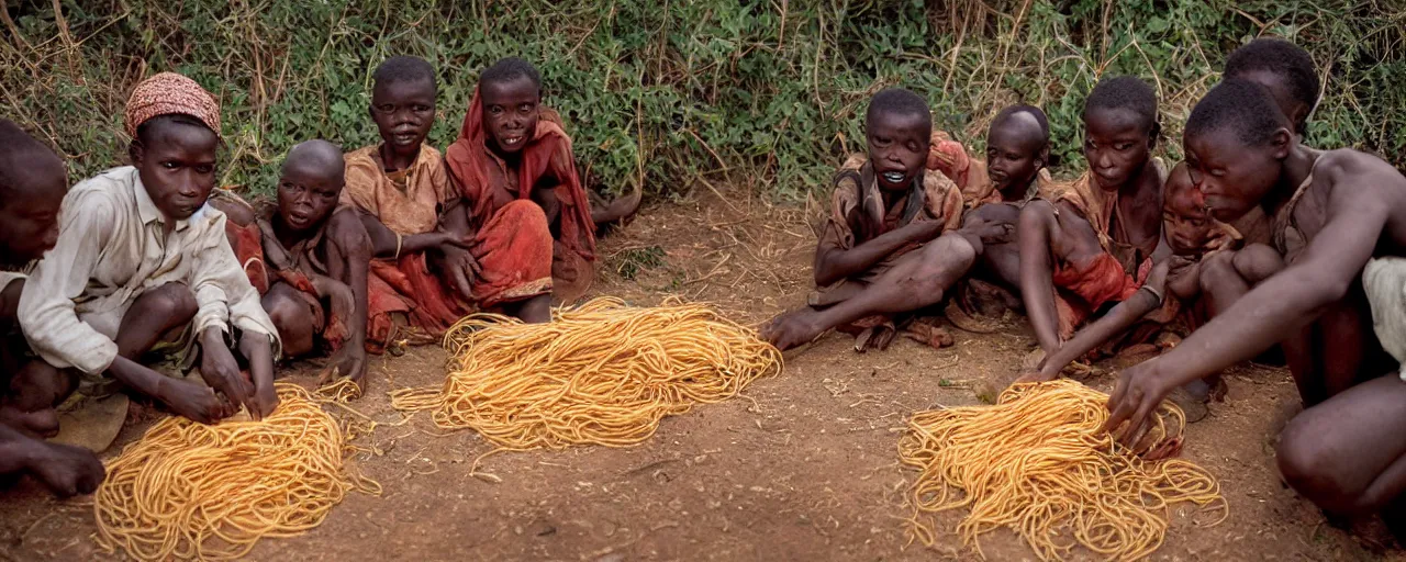 Image similar to people in an african village discovering spaghetti in a bush, high detailed face, facial expression, small details, intricate, canon 5 0 mm, high detail, intricate, cinematic lighting, photography, wes anderson, film, kodachrome