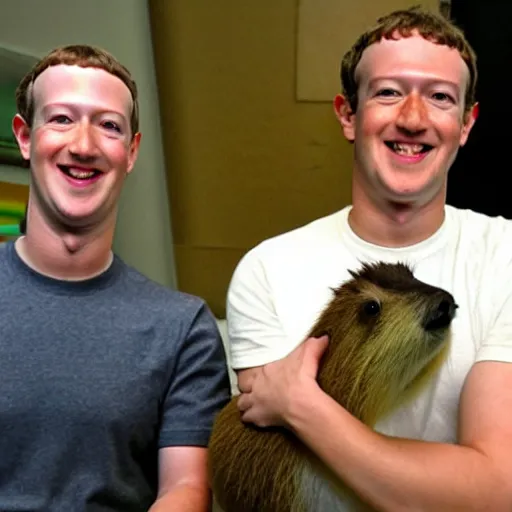 Prompt: Mark Zuckerberg holding a live capybara