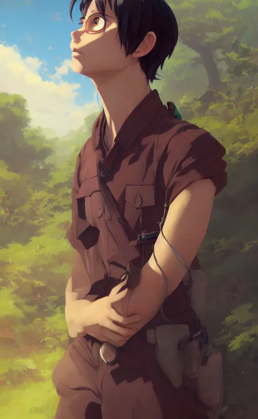 Image similar to a portrait of a male character on an arid forest, vivid colors, soft lighting, atmospheric, cinematic, moody, in the style of ilya kuvshinov and range murata, krenz cushart, rule of thirds, oil on canvas, 8 k