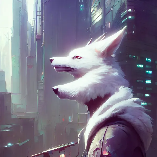 Image similar to a beautiful portrait of a cute male anthropomorph white wolf wearing in cyberpunk city. character design by cory loftis, fenghua zhong, ryohei hase, ismail inceoglu and ruan jia. artstation, volumetric light, detailed, photorealistic, rendered in octane