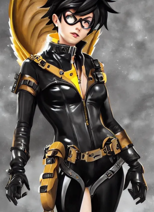 Image similar to full body artwork of tracer overwatch, wearing black latex outfit, in style of mark arian, angel wings, dramatic painting, wearing detailed leather collar with chain, black shiny armor, chains, black harness, detailed face and eyes,