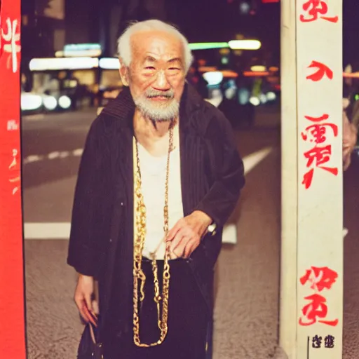 Image similar to old man in tokyo at night, wearing gold chain, gold rings, cinestill 8 0 0,