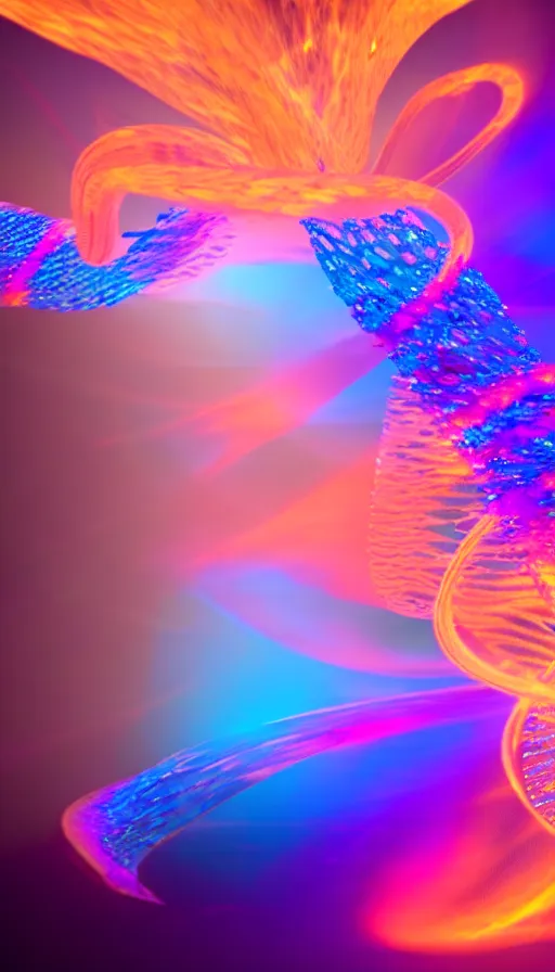 Image similar to 8 k uhd houdini recursive dna structure, background radiant swirling smoke wisps, dreamy colors, magical volumetric lighting, 1 8 mm lens