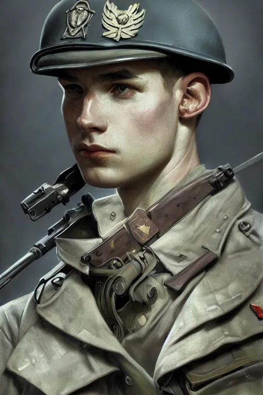 Image similar to A full portrait of a world war two soldier, intricate, elegant, highly detailed, digital painting, artstation, concept art, smooth, sharp focus, illustration, art by Krenz Cushart and Artem Demura and alphonse mucha