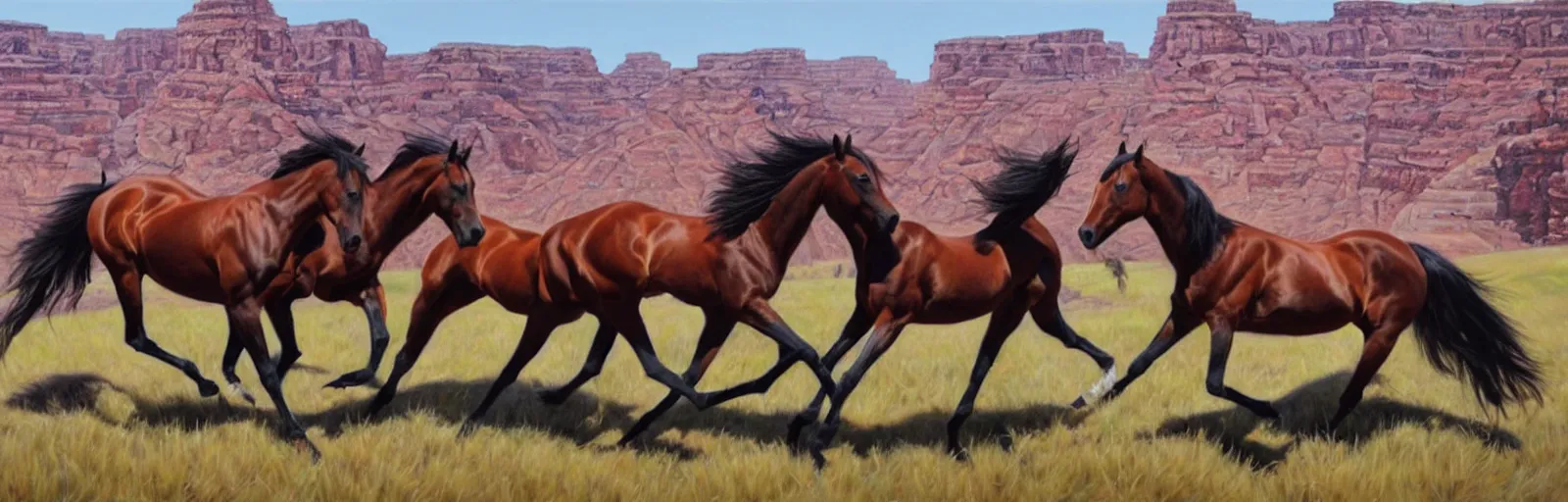 Image similar to lots of horses running through the canyon, hyper realistic, more details, they might be crawling, original oil on canvas painting by sydney mount