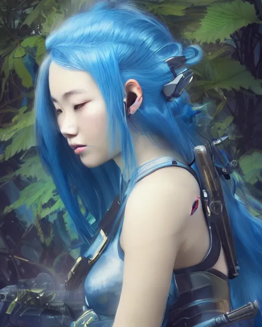 Image similar to stunningly beautifuljapanese girl with blue hair, fantasy art, military girl, army girl outfit, soldier helmet, jungle background, dark light night, sharp focus, digital painting, 8 k, concept art, art by wlop, artgerm, greg rutkowski and alphonse mucha