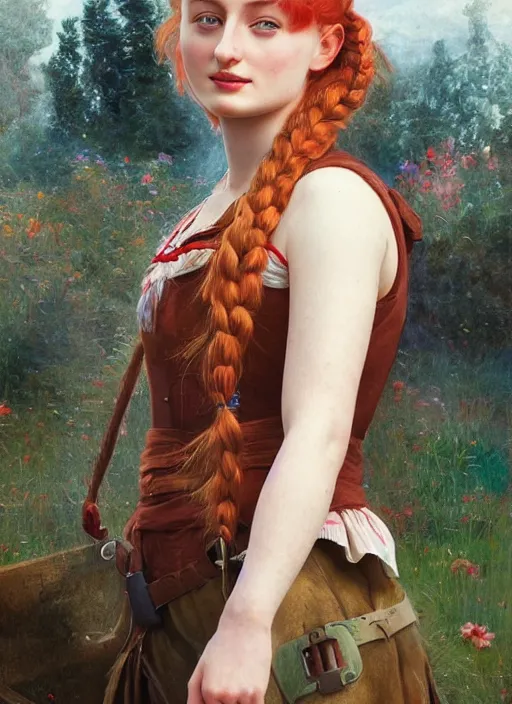 Image similar to portrait Sophie Turner as Pippi Longstocking, full length shot, shining, 8k highly detailed, sharp focus, illustration, art by artgerm, mucha, bouguereau