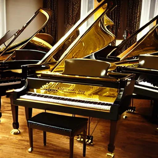 Image similar to A grand piano in a large room full of gold and silver instruments,