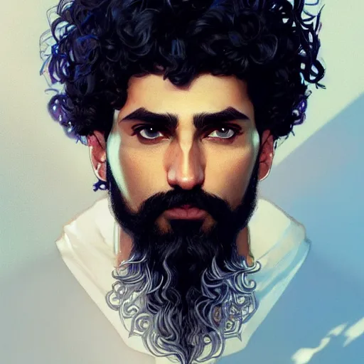 Image similar to ,Crystal blue eyes arab man with black hair curly, light beard,serious face, , by WLOP,Artgerm,Greg Rutkowski,Alphonse Mucha, Beautiful dynamic,shadows,Artstation,concept design art,Octane render,8K