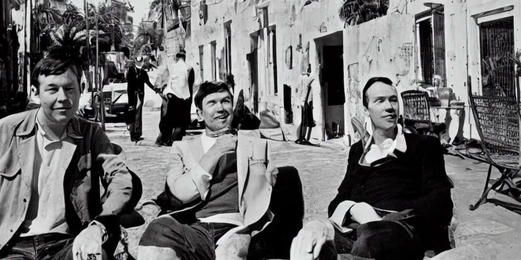 Prompt: a portrait of joe orton and Kenneth Halliwell, a busy street in algiers, a bright sunny day, an algierian beach