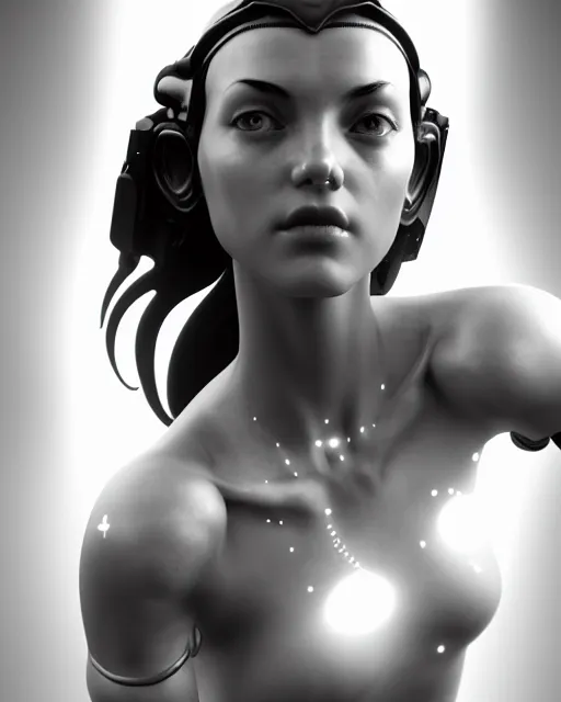 Prompt: dreamy, monochrome, subsurface scattering, white, cyborg goddess in cosmos, black and white, octane render, photo - realistic, cgsociety, justin gerard, highly detailed, rim light, art, cinematic lighting, very coherent, hyper realism, 8 k