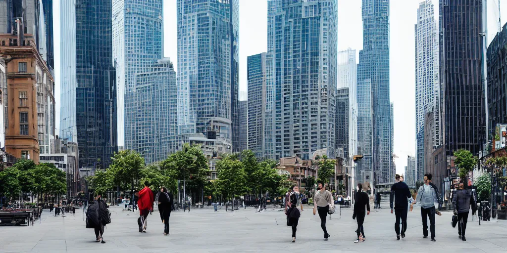 Prompt: three people are walking in the city, wide - shot, professional color photograph