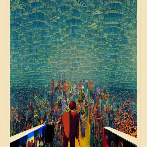 Image similar to illustration of modern art gallery, where there is a lot of paintings displayed from various artist, very fashion, displayed on the walls, by Victo Ngai and James Gilleard and Bruce Pennington