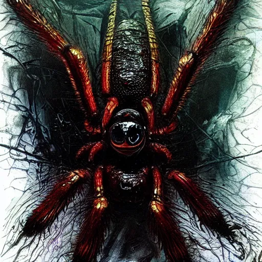 Image similar to a creature from a major horror hollywood movie, giant black widow spider, a picture taken by Michael Komarck and giger, bleeding decaying colors!